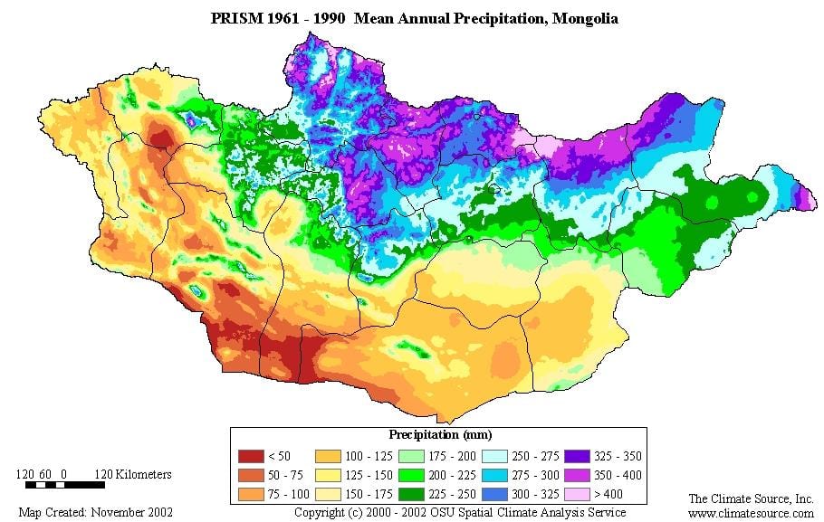 карта на Монголија густината на население